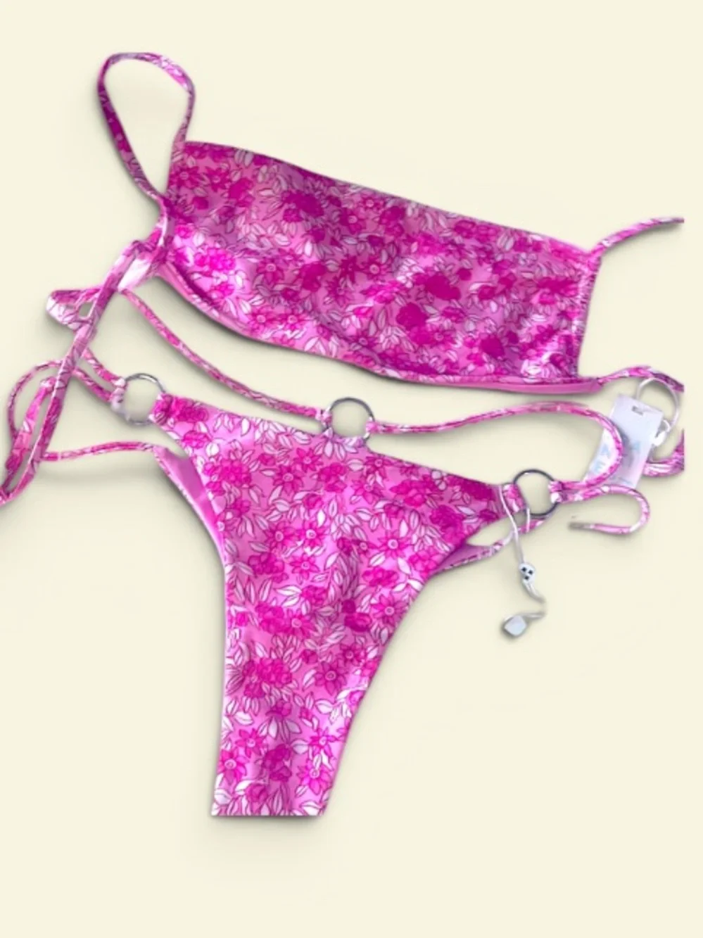 Frankie’s Bikinis Kaitlyn Pink Floral shine Bandeau Bikini Set NWT